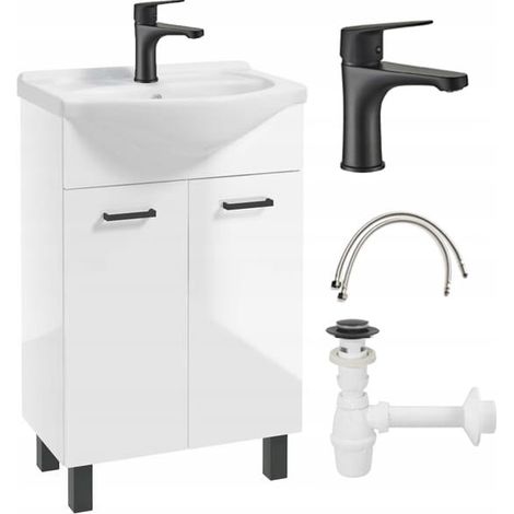 Mueble de baño con lavabo blanco brillante de 84x55 cm con grifo y sifón.