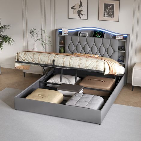 Lit coffre 140 x 190 cm, lit 2 places avec LED et USB, lit hydraulique avec étagère de rangement dans la tête de lit, lit 140x190 cm avec sommier, gris velours (1/5)