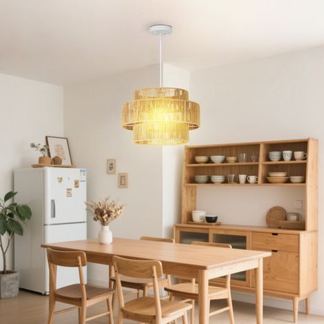 Suspension Lampe à suspendre avec douille E27, style boho, lampe à suspendre plafonnier avec abat-jour en corde de chanvre pour cuisine, salle à manger, marron clair (1/5)
