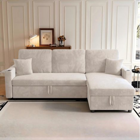 Canapé d’angle convertible 207,5x142x84,5 cm en tissu beige avec rangement, pour salon – MEUBLIV (1/5)