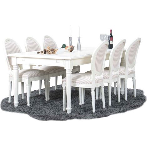 Ebuy24 – Ensemble de salle à manger 100x180/280 cm – 6 chaises rococo vieux blanc/beige – 2 extensions incluses – Bois massif laqué antique (1/5)