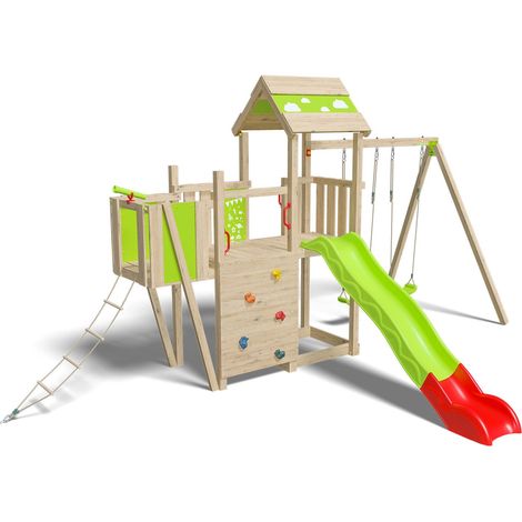 Trigano – Aire de jeux en bois 2,20 m pour 10 enfants – Matériaux en pin traité autoclave IV – Dimensions 570x397x284 cm – Installation béton requise