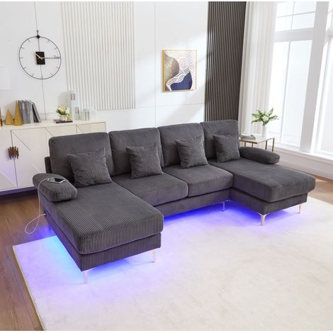 Sofá rinconera en U 265x135x88 cm de terciopelo gris con LED y USB para salón moderno FloraGrace (1/5)