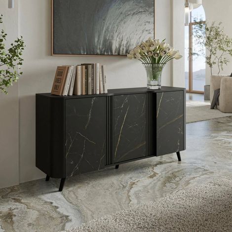 Credenza Loreo, Madia da salotto con tre ante battenti e vani interni, Rialzata da terra, 151x42 h70 cm, Marmo e Nero (1/5)