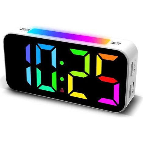 Reloj despertador digital,Reloj de mesita de noche digital,Iluminación RGB + LED,Pantalla digital a color,Función de repetición,Blanco