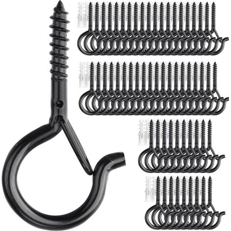 Crochets de plafond à visser pour plantes suspendues, guirlandes lumineuses d'extérieur, pour terrasse, mur et plafond en bois, lot de 60, noir (1/5)