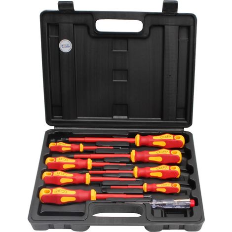 Jeu de 9 tournevis isolés VDE, comprenant un testeur de tension, des tournevis plats, Phillips et Pozidriv, isolation 1000 V (1/5)