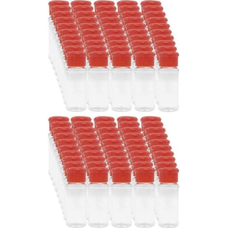 Juego de 100 botellas de plástico vacías para especias, ideales para guardar condimentos para barbacoa, sal, pimienta, etc. 100 ml / 3.3 oz, color rojo. (1/4)