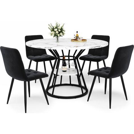 Ensemble de table à manger ronde 5 pièces 100x100x76 cm avec 4 chaises en velours noir et plateau en marbre pour 4 personnes (1/5)