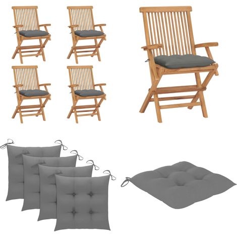 Gartenstühle mit Grauen Kissen 4 Stk. Massivholz Teak - Gartenstühle - Teakholzmöbel - Outdoormöbel - Gartenmöbel - Balkonmöbel - Home & Living (1/5)