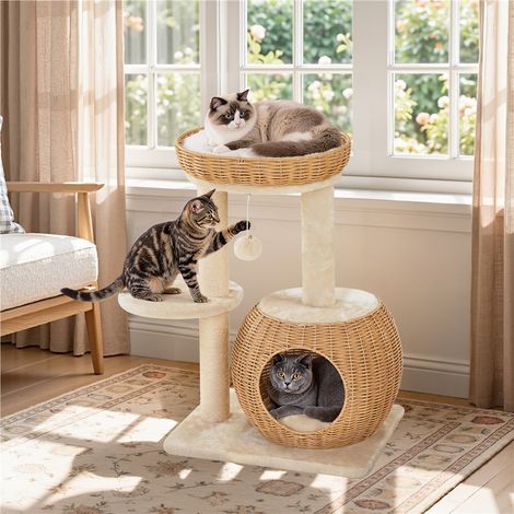 Yaheetech Arbre à Chat 72 cm en Polyrotin, Poteaux en Sisal Stable pour 2‑3 Chats Beige Panier Surélevé et Jouet Suspendu. Coussin Amovible Lavable en Machine avec Kit d’Ancrage Mural