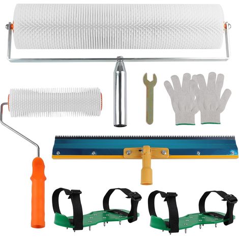 Kit D'outils de Ciment Autonivelant avec Raclette Dentée 56CM, Rouleau Debulleur 50CM, Rouleau à Pointes 23CM, Chaussure a Pointe Ragreage 30MM, Gants de Travail pour Niveler le Sol Composé (1/5)
