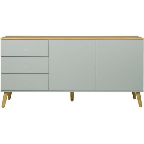 Les Tendances – Buffet 2 portes – 3 tiroirs – Structure en particules de bois laqué vert sauge mat – Top en bois de chêne naturel – Dimensions L.162 P.43 H.79 cm (1/5)