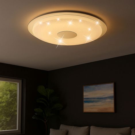 Plafonnier dimmable avec télécommande plafonnier salon avec effet ciel étoilé, opale, 1x LED 24 watts 1500 lumens blanc chaud-blanc froid, DxH 45x5 cm (1/5)