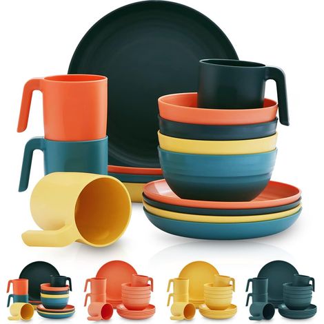 Assiettes Service de Table plastique 16 PCS Service pour 4, réutilisable Assiettes légères Tasses Bols Vaisselle facile à transporter et à nettoyer Cuire au micro-ondes BPA sans lave-vaisselle (1/5)