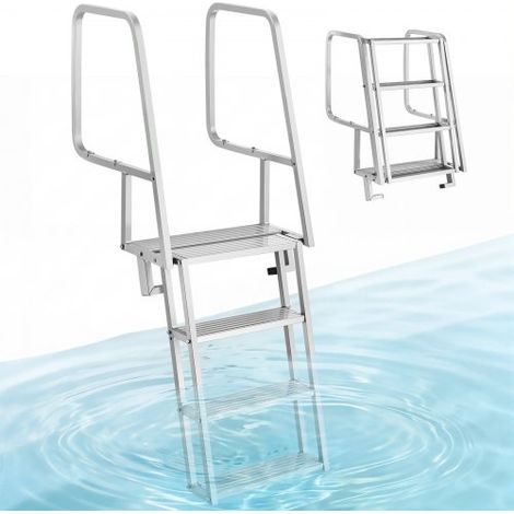 Escalera de Muelle de Aleación de Aluminio 457 x 130 x 25 mm, Soporta 159 kg con 4 Peldaños Antideslizantes, Escalera de Pontón Abatible con Pasamanos, Cuerda, para Piscinas Embarcaciones Barcos (1/5)