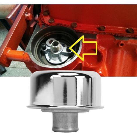 Couvercle de soupape de reniflard de carburant rond chromé, type à enfoncer, convient pour SBC BBC SBF 327 350 302 454 502 couvercle de soupape à trou de 1-1/4" (QY-202302047). (1/5)