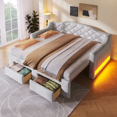 Letto estraibile 90x200 cm con 2 cassetti e LED, rivestito in tessuto, grigio, senza materasso (1/5)