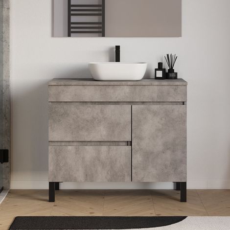 Meuble de salle de bain 90cm avec plateau et vasque à poser arrondie - porte et tiroirs - sans miroir - ciment (gris) - LAZARO (1/5)