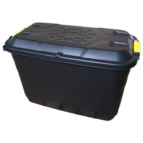 110L Heavy Duty Trunk on Wheels Sturdy, Lockable, Stackable and Nestable Design Storage Chest with Clips in Black
