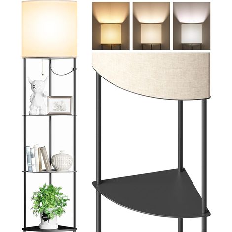 Lampadaire sur pied salon 1.6M Lampe Salon avec 3 Étagère, étagère métal, abat-jour tissu, Lampe Étagère avec E27 Ampoule (1/5)