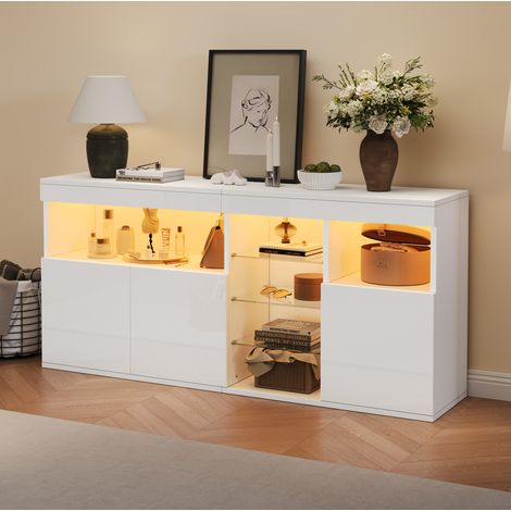 Aparador 155,5/35/72 cm blanco brillante con LED, 3 puertas y estantes de vidrio (1/5)