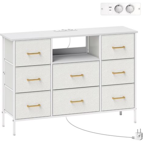 Commode blanc crème 8 tiroirs tissu avec multiprise, structure acier, rangement parfait pour entrée, chambre, salon, bureau 110x30x76cm (1/5)