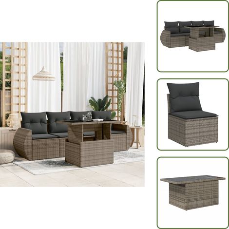 The Living Store Salon de jardin 5 pcs avec coussins gris résine tressée - Ensemble Salon De Jardin - Meuble Extérieur - Jardin Design - Mobilier De Jardin - Chaise Lounge