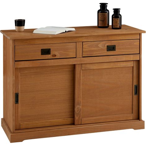 Idimex – Buffet savonna brun en pin massif – 2 tiroirs et 2 portes coulissantes – Dimensions monté 84 x 110 x 46 cm – Étagère réglable