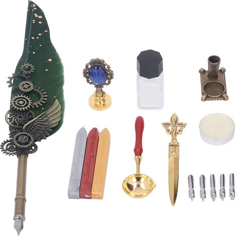 Ensemble de plumes rétro vert avec cire à cacheter, porte-plume élégant, ouvre-lettre, base bougie et tampon. (1/5)