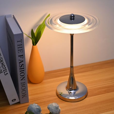 lampe de table rechargeable a contact design soucoupe en acrylique et metal couleur chrome veilleuse d ambiance pour chevet de chambre 160x280 mm (1/3)