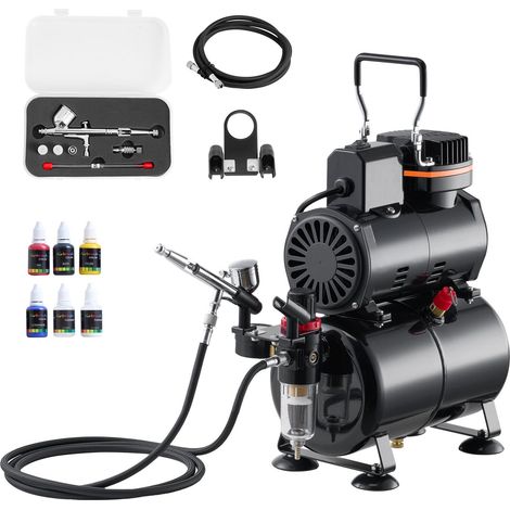 Kit Aérographe avec Compresseur d’Air 1/6 HP et Réservoir, Compresseur Aérographe avec 1 Pistolet à Double Action, 3 Buses, Peinture Acrylique, pour Décoration Pâtisserie Onglerie Modélisme (1/5)