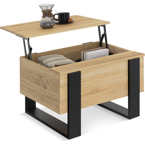 Idmarket – Table basse relevable carrée 60 cm – Plateau bois hêtre et noir – Rangement intégré sous plateau – Design moderne et élégant (1/5)