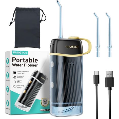 Runstar Hydropulseur Jet Dentaire Électrique Mini Portable, 160ml réservoir, 4modes (DIY/Normal/Impulsion/Doux) - Élimine 99% de la plaque dentaire, Soins Hygiène Dentaire pour Voyage et Maison (1/5)