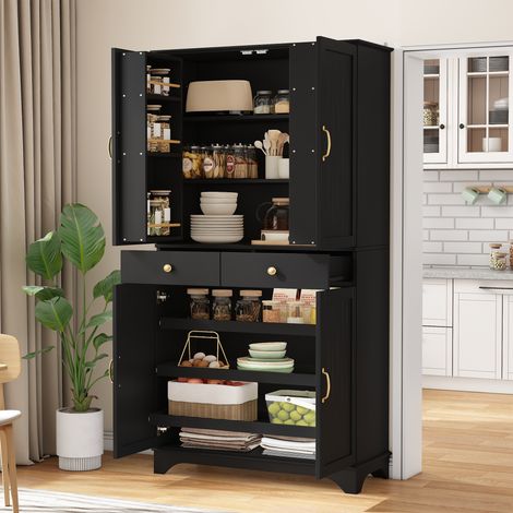 Meuble haut noir avec étagères ajustables et tiroirs, bibliothèque à portes coulissantes façon réfrigérateur, parfait pour cuisine, salon ou salle à manger
