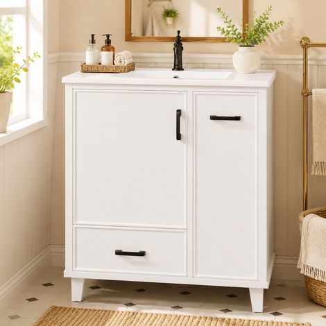 Modernluxe - Meuble de salle de bain avec vasque en céramique - avec 2 tiroirs et 1 porte - Finition laquée - Rose (1/5)