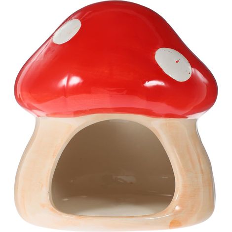 Ceramic Hamster Habitat Hideout - Red Mushroom Hamster House, Small Animals Cool Habitats Bed for Dwarf Hamster Mice Gerbils Lemmings