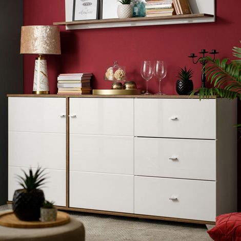 Credenza Ete, Aparador 3 Cajones, 2 Estantes, Puertas Abatibles y Corredizas, 162x40x85h cm Blanco (1/5)