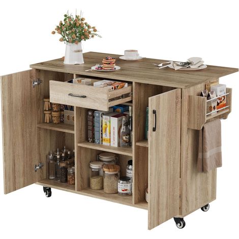 Desserte de Cuisine avec Plateau Rabattable, 1 Tiroir, 2 Placards, Étagères et Roulettes, en MDF, Naturel (1/5)