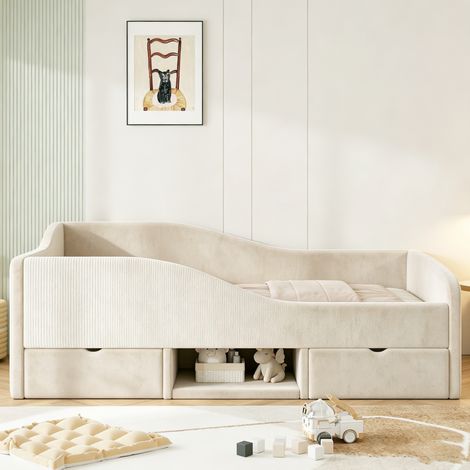 Polsterbett Kinderbett 90190,Multifunktionsbett Mit Zwei Schubladen und Zäunen,Hautfreundlicher Samtstoff,ohne Matratze Beige (1/5)