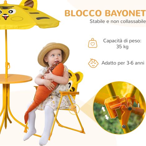 Table ronde enfant jaune avec 2 fauteuils + parasol, ensemble 4 pièces en acier et tissu Oxford pour jardin extérieur.