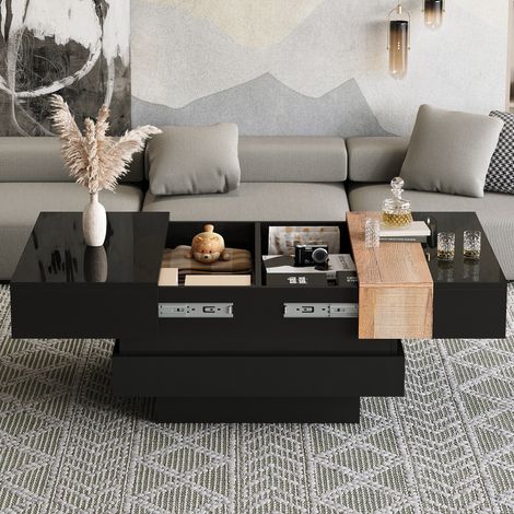 Mesa de centro de MDF negro 70 x 70 x 39 cm, cuadrada, extensible con almacenaje oculto (1/5)