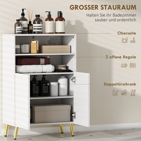 Salle de bain meuble de rangement, commode pour salon, portes à fermeture douce, 2 étagères ouvertes, MDF, blanc (1/5)