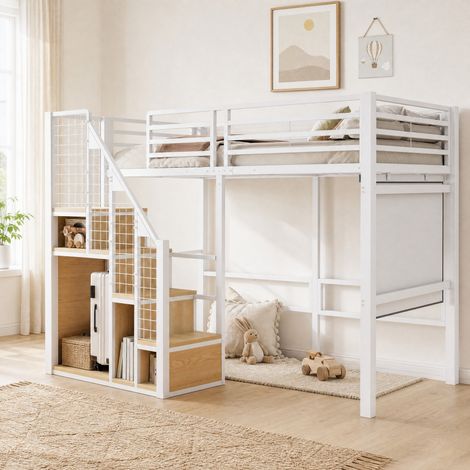 CHICFURN Letto a soppalco per bambini 90x200 cm in metallo e MDF bianco, senza materasso (1/5)