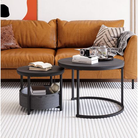 Lot de 2 tables basses rondes gigognes industrielles, avec plateau bois, structure métal et sac de rangement tissu, gain de place pour salon compact CHICFURN (1/5)