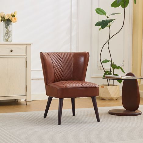 DESMIU Fauteuil Lounge sans Accoudoirs avec Couture Diagonale 45° et Structure Stable, en Cuir et Bois, Marron (1/5)