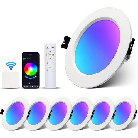 Spot LED Encastrable 10W RGBW Dimmable 220V, Smartphone, Multicouleurs 2700K-6000K Intensité Réglable, LED Extra Plat avec passerelle intelligente et télécommande, Φ90-100mm, Lot de 6 (1/5)