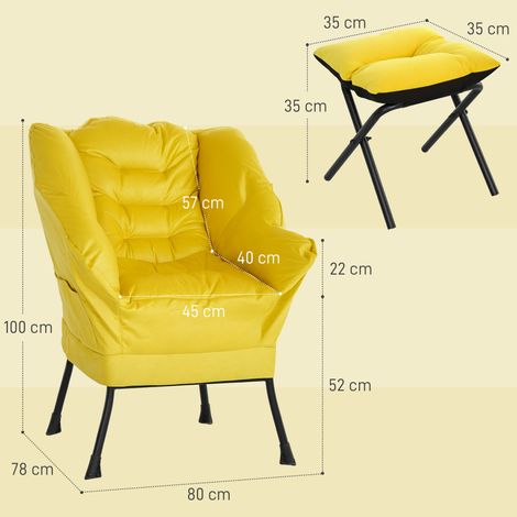 Lounge-Sessel mit Hocker, bequemer Sessel mit Seitentaschen und Stahlbeinen für Wohn- und Schlafzimmer, Gelb (1/5)