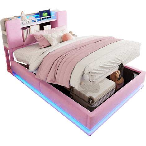 Lit enfant 90x200 cm en velours rose avec LED, port USB et grand coffre de rangement à relevage hydraulique, structure métal robuste pour chambre d'enfant - CHICFURN (1/5)