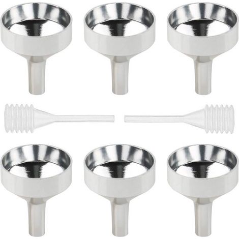 Entonnoirs - 6 pièces - Avec 2 mini-pipettes - 1,8 x 2,1 cm - Argent - Alliage d'aluminium - Entonnoirs métalliques pour huiles essentielles - Petit entonnoir - Pour huiles essentielles, vaporisateurs (1/4)